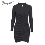 Simplee Sexy halter v neck winter sweater dress women Ruched long sleeve black bodycon dress female Chic party dress autumn 2017