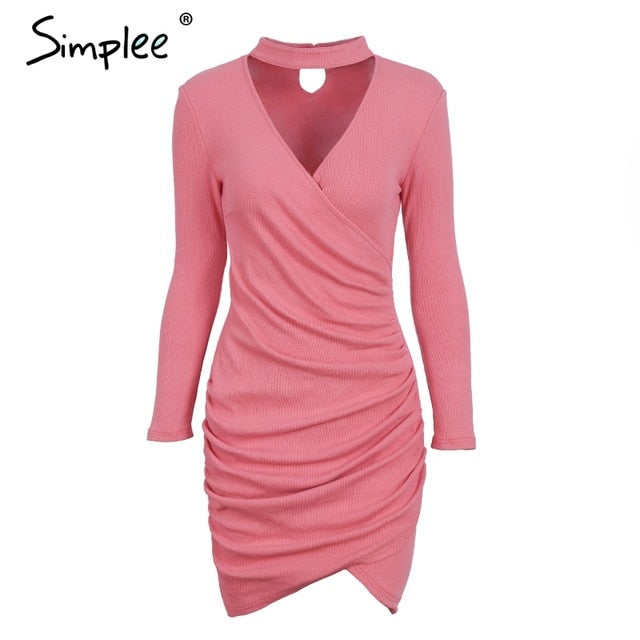 Simplee Sexy halter v neck winter sweater dress women Ruched long sleeve black bodycon dress female Chic party dress autumn 2017