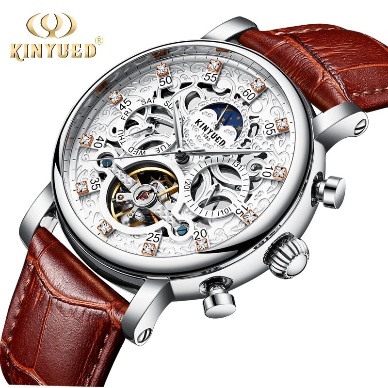 KINYUED Skeleton Automatic Watch Men Sun Moon Phase Waterproof Mens Tourbillon Mechanical Watches Top Brand Luxury Wristwatches