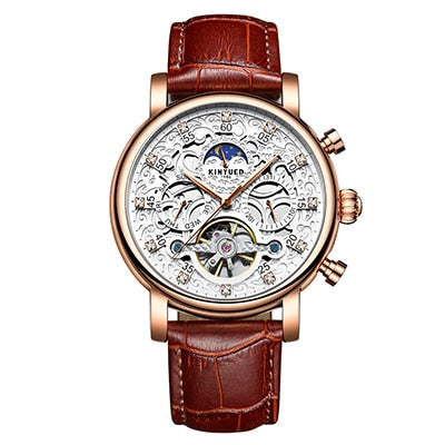 KINYUED Skeleton Automatic Watch Men Sun Moon Phase Waterproof Mens Tourbillon Mechanical Watches Top Brand Luxury Wristwatches