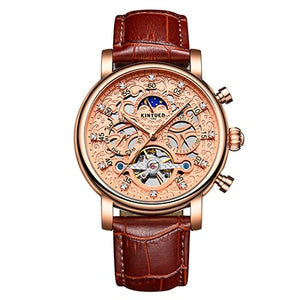 KINYUED Skeleton Automatic Watch Men Sun Moon Phase Waterproof Mens Tourbillon Mechanical Watches Top Brand Luxury Wristwatches