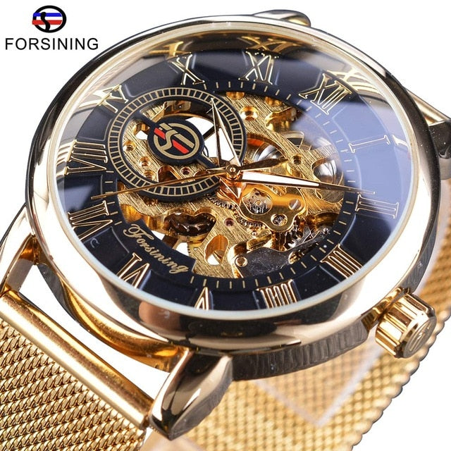 Forsining Transparent Case 2017 Fashion 3D Logo Engraving Golden Stainless Steel Men Mechanical Watch Top Brand Luxury Skeleton