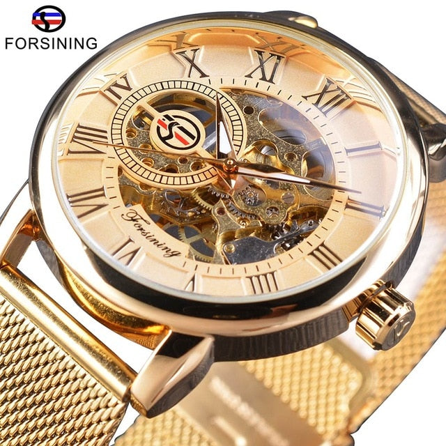 Forsining Transparent Case 2017 Fashion 3D Logo Engraving Golden Stainless Steel Men Mechanical Watch Top Brand Luxury Skeleton