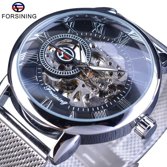 Forsining Transparent Case 2017 Fashion 3D Logo Engraving Golden Stainless Steel Men Mechanical Watch Top Brand Luxury Skeleton