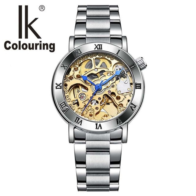 IK 40005 Watch Women Roman Wristwatch Skeleton Auto Mechanical Stainless steel band clock girls regarder