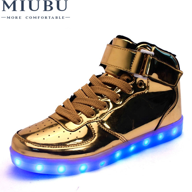 MIUBU Hot Sale Golden Silver Big Size 46 Led Shoes Men Glowing Cool Light Flat Shoes High-top Light Up Boots For Adults