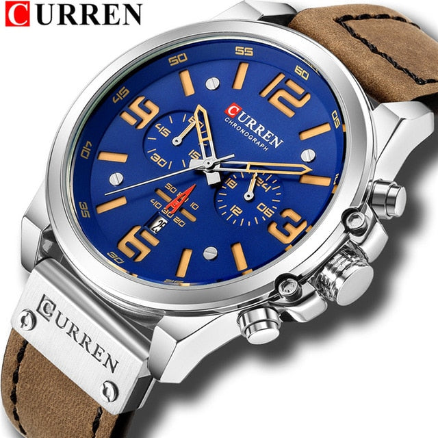 CURREN Mens Watches Top Luxury Brand Waterproof Sport Wrist Watch Chronograph Quartz Military Genuine Leather Relogio Masculino