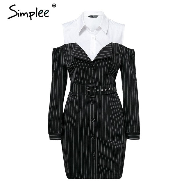 Simplee Elegant fake two piece stripe women dress Office lady sash long sleeve mini dress 2018 Autumn winter blazer blouse dress