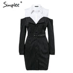 Simplee Elegant fake two piece stripe women dress Office lady sash long sleeve mini dress 2018 Autumn winter blazer blouse dress