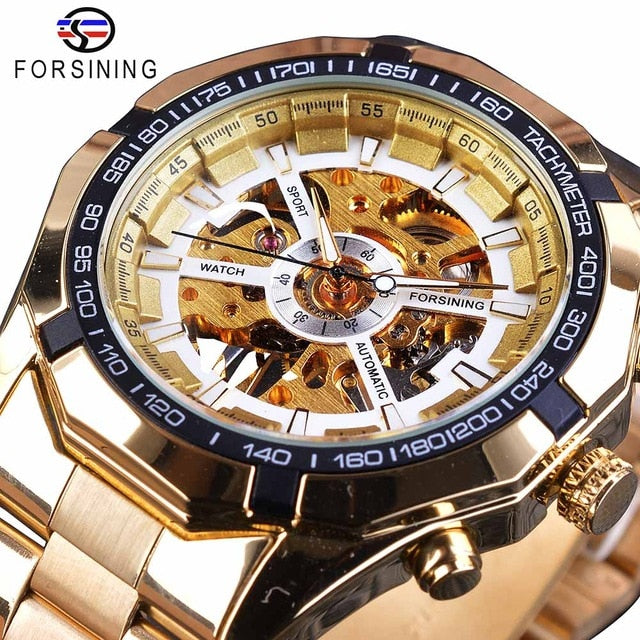 Forsining 2017 Silver Stainless Steel Waterproof Mens Skeleton Watches Top Brand Luxury Transparent Mechanical Male Wrist Watch