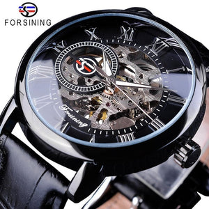 Forsining 3d Logo Design Hollow Engraving Black Gold Case Leather Skeleton Mechanical Watches Men Luxury Brand Heren Horloge