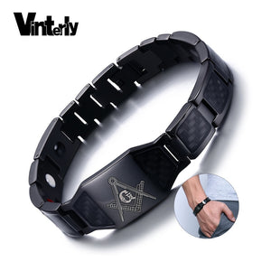 Vinterly Black Magnetic Bracelet Men Stainless Steel Hand Chain Masonic Punk ID Bracelets Carbon Fiber Magnet Health Bracelets