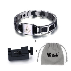 Vinterly Black Magnetic Bracelet Men Stainless Steel Hand Chain Masonic Punk ID Bracelets Carbon Fiber Magnet Health Bracelets