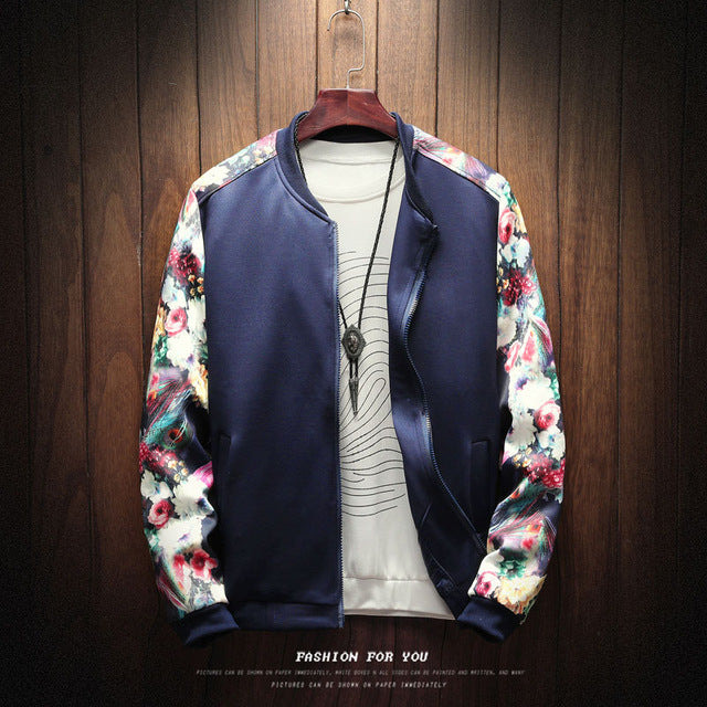 Floral Bomber Jacket Men Patchwork Flowers Long Sleeve Zipper Jackets Coat Men's Pilot Jacket Plus Size M-5XL