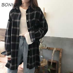 Women New Shirts Casual Plaid All-match Loose Long Sleeve Students Daily BF Ulzzang Single Breasted Womens Korean Style Harajuku