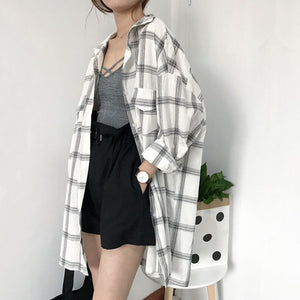 Women New Shirts Casual Plaid All-match Loose Long Sleeve Students Daily BF Ulzzang Single Breasted Womens Korean Style Harajuku