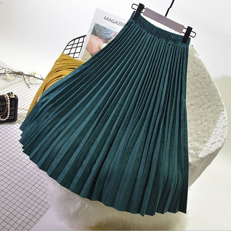 Mid-length girl pleated skirt autumn and winter female 2018 deerskin women's skirts long skirt high waist 10 colors 1881