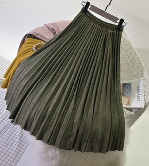 Mid-length girl pleated skirt autumn and winter female 2018 deerskin women's skirts long skirt high waist 10 colors 1881