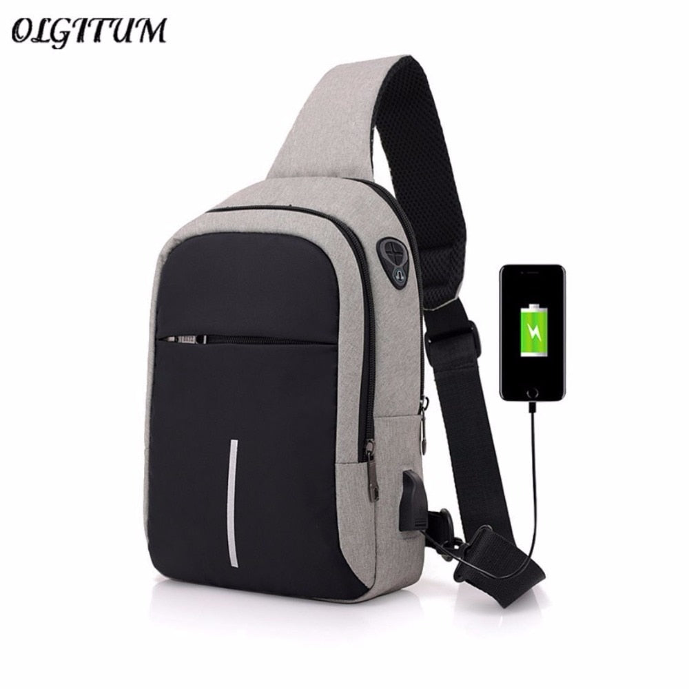 Men's Canvas Chest Bag External USB Interface Charging Smart Small Backpack Wide Shoulder Strap Zipper Design Men Shoulder Bag