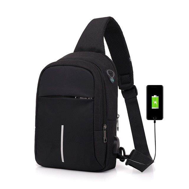 Men's Canvas Chest Bag External USB Interface Charging Smart Small Backpack Wide Shoulder Strap Zipper Design Men Shoulder Bag