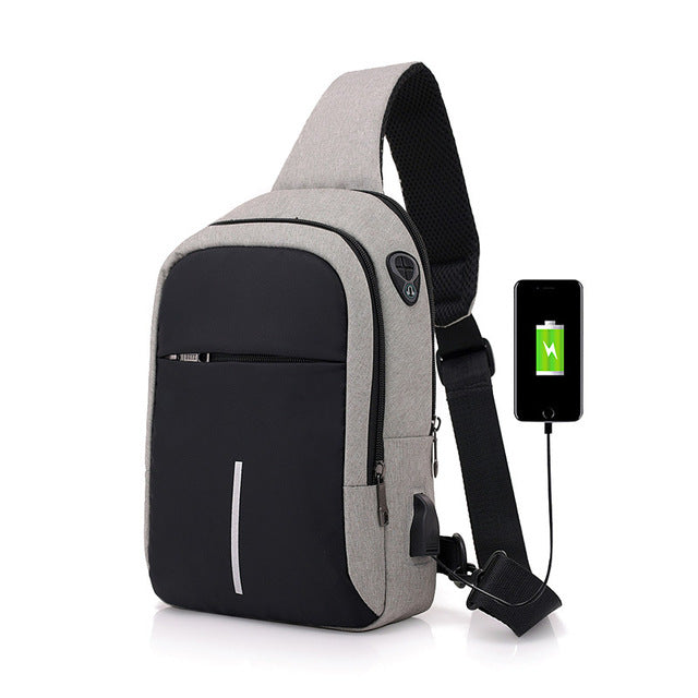 Men's Canvas Chest Bag External USB Interface Charging Smart Small Backpack Wide Shoulder Strap Zipper Design Men Shoulder Bag