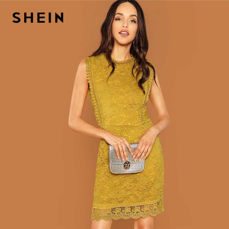 SHEIN Ginger Contrast Lace Mock Neck Dress Casual Stand Collar Sleeveless Dresses Women Autumn Elegant OL Work Short Dress