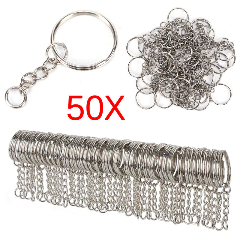 Polished Silver Color 25mm Keyring Keychain Split Ring with Short Chain Key Rings Women Men DIY Key Chains Accessories 50pcs