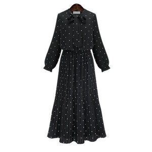 [EAM] 2019 New Spring  Round Neck Long Sleeve Solid Black Chiffon Dot Loose Big Size Dress Women Fashion Tide JA23601M