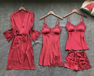 Sexy Women's Robe & Gown Sets Lace Bathrobe + Night Dress 4 Four Pieces Sleepwear Womens Sleep Set Faux Silk Robe Femme Lingerie