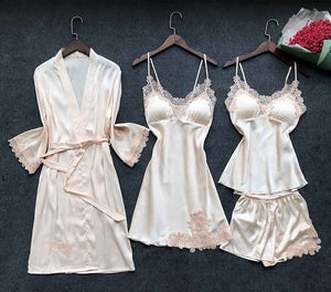 Sexy Women's Robe & Gown Sets Lace Bathrobe + Night Dress 4 Four Pieces Sleepwear Womens Sleep Set Faux Silk Robe Femme Lingerie