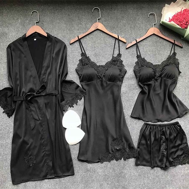 Sexy Women's Robe & Gown Sets Lace Bathrobe + Night Dress 4 Four Pieces Sleepwear Womens Sleep Set Faux Silk Robe Femme Lingerie