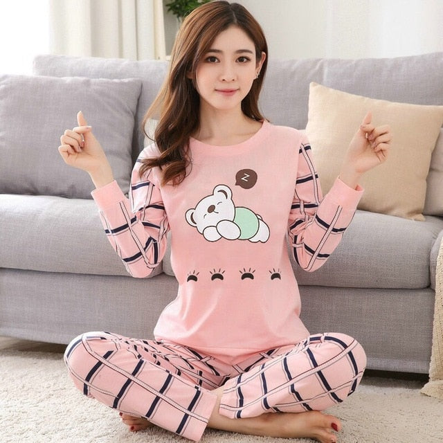 JULY'S SONG Women Pajamas Set Spring Autumn New Thin Cartoon Printed Long Sleeve Cute Sleepwear Casual Homewear Female Pyjamas