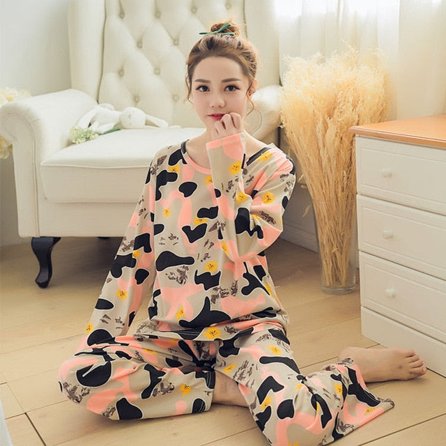 JULY'S SONG Women Pajamas Set Spring Autumn New Thin Cartoon Printed Long Sleeve Cute Sleepwear Casual Homewear Female Pyjamas