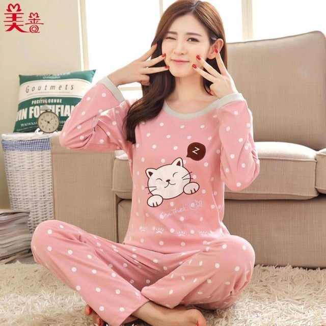 JULY'S SONG Women Pajamas Set Spring Autumn New Thin Cartoon Printed Long Sleeve Cute Sleepwear Casual Homewear Female Pyjamas