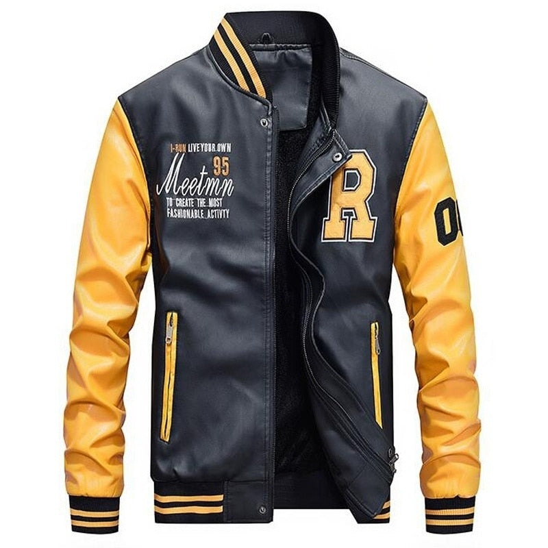 Men Baseball Jacket Embroidered Leather Pu Coats Slim Fit College Fleece Luxury Pilot Jackets Men's Stand Collar Top Jacket Coat