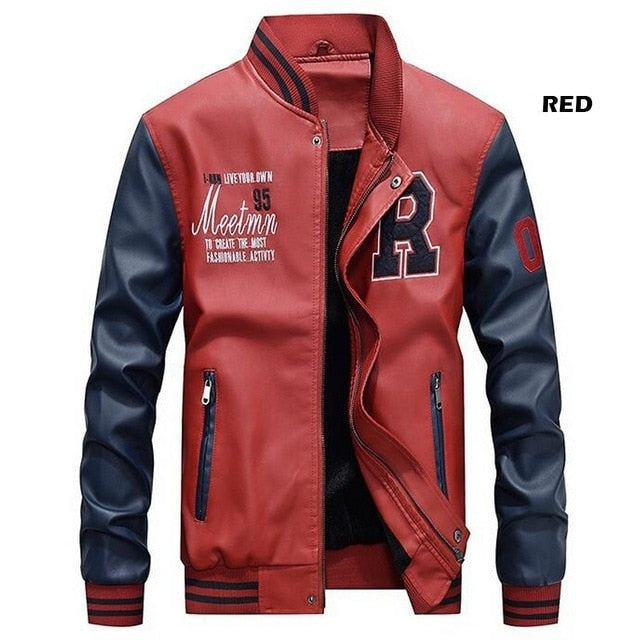 Men Baseball Jacket Embroidered Leather Pu Coats Slim Fit College Fleece Luxury Pilot Jackets Men's Stand Collar Top Jacket Coat