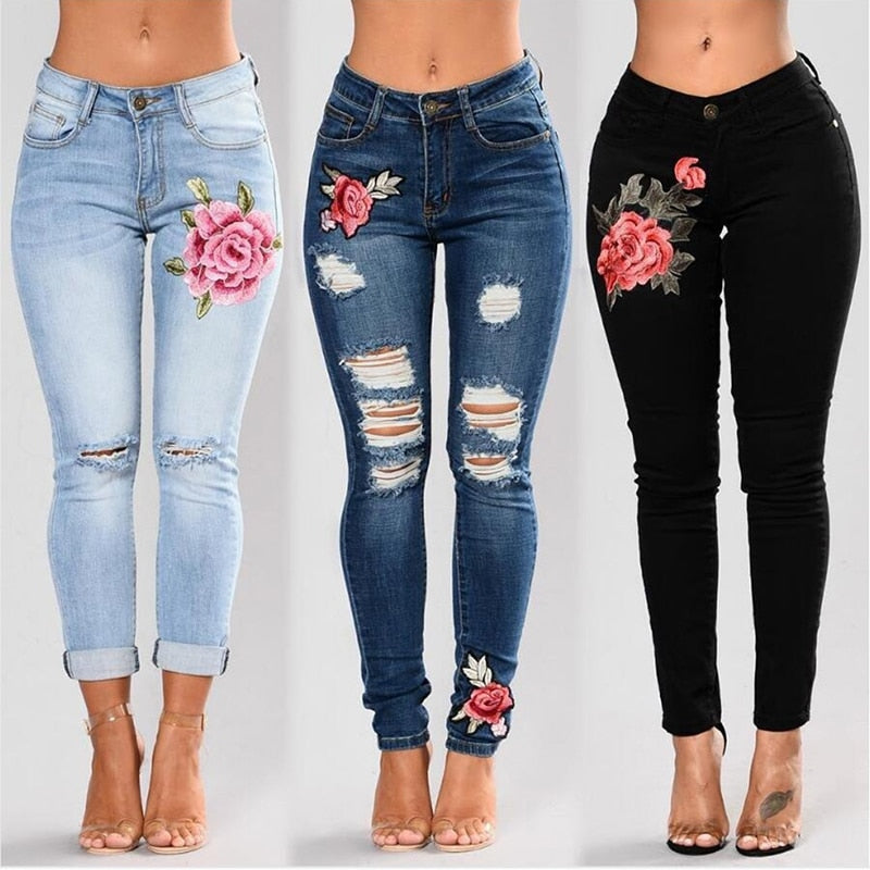 Stretch Embroidered Jeans For Women Elastic Flower Jeans Ladies Pencil Denim Pants Hole Ripped Rose Pattern Jeans Pantalon Femme