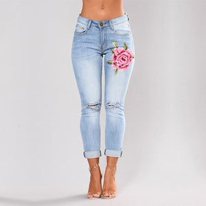 Stretch Embroidered Jeans For Women Elastic Flower Jeans Ladies Pencil Denim Pants Hole Ripped Rose Pattern Jeans Pantalon Femme