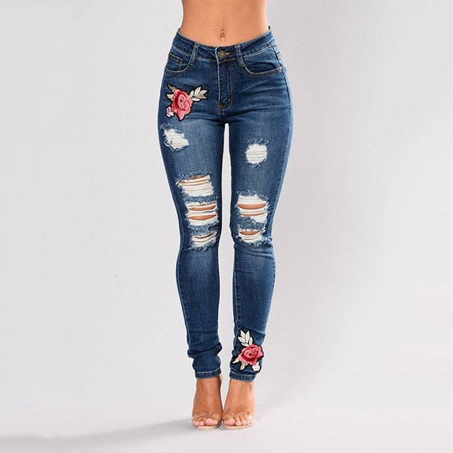 Stretch Embroidered Jeans For Women Elastic Flower Jeans Ladies Pencil Denim Pants Hole Ripped Rose Pattern Jeans Pantalon Femme