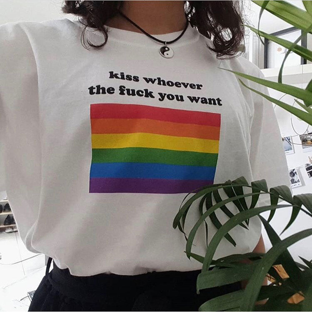 Kiss Whoever You Want LGBT Slogan Gay Lesbian Pride Tee Cut T-Shirt Women Unisex Men Women T-Shirt Funny