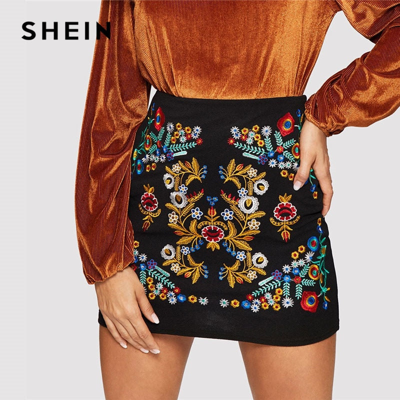 SHEIN Black Botanical Embroidered Textured Skirt Casual Zipper Night Out Mini Skirts Women Spring Elegant Workwear Skirt