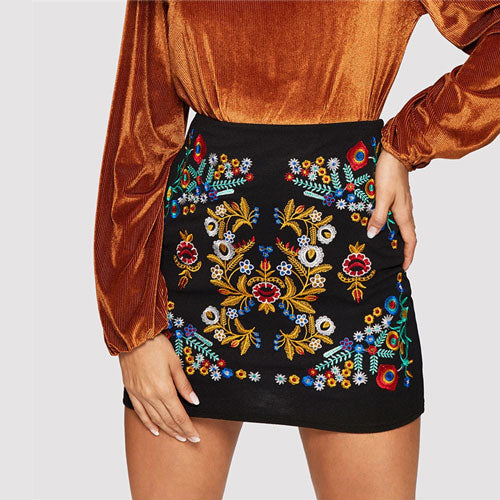 SHEIN Black Botanical Embroidered Textured Skirt Casual Zipper Night Out Mini Skirts Women Spring Elegant Workwear Skirt