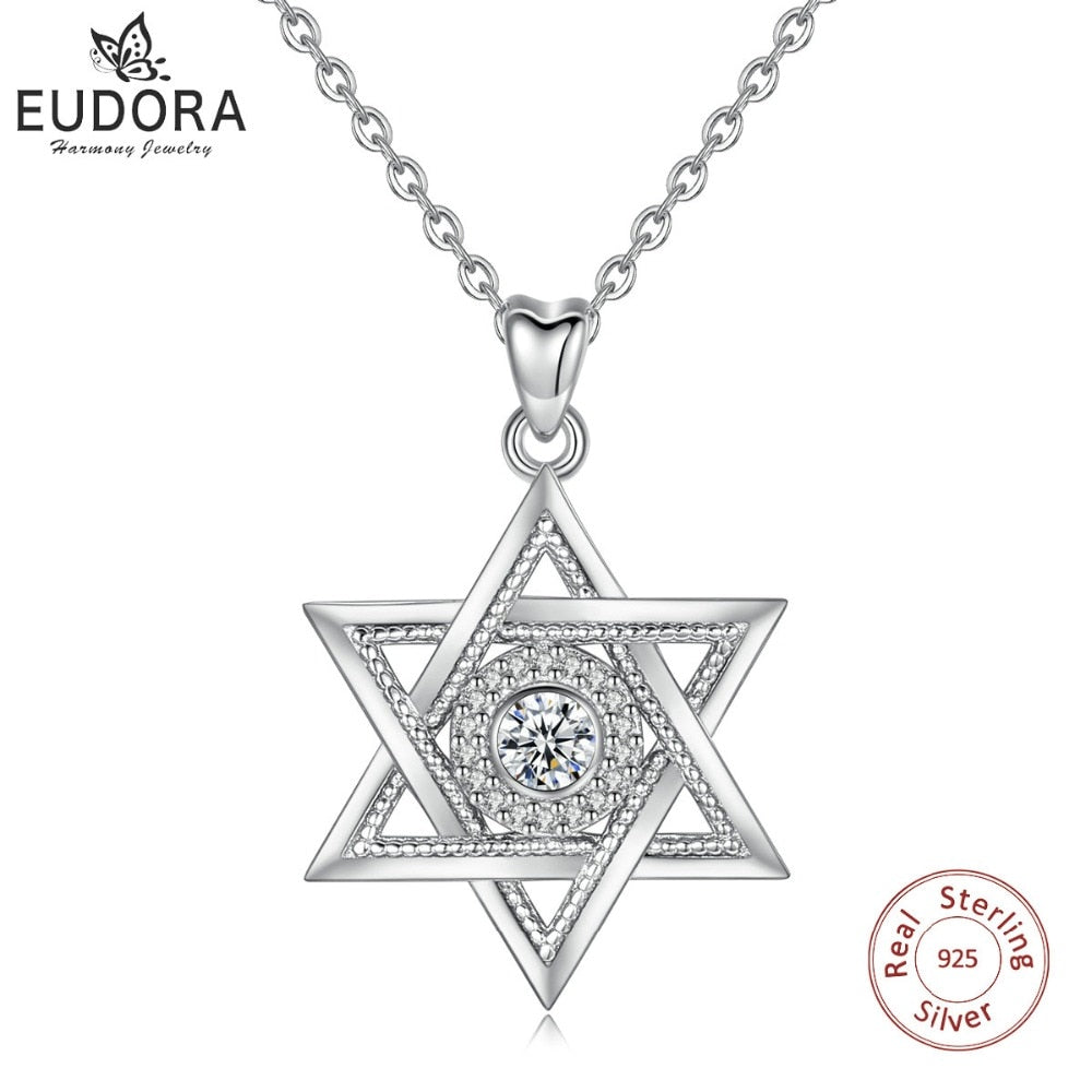 EUDORA 925 Sterling Silver Star of David & Cubic Zirconia Pendant Necklace Fashion Hexagram CZ Jewelry for Anniversary Gift D334