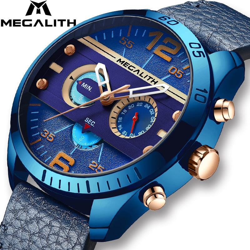 MEGALITH Top Brand Military Sport Watches Men Fashion Waterproof Blue Leather Strap Quartz Wristwatches Male Clock Reloj Hombre