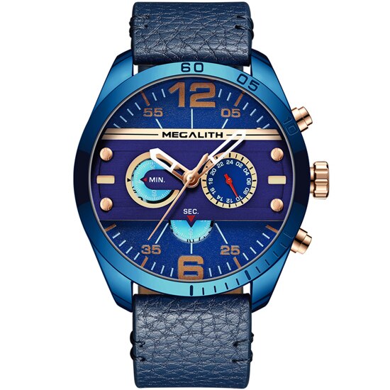 MEGALITH Top Brand Military Sport Watches Men Fashion Waterproof Blue Leather Strap Quartz Wristwatches Male Clock Reloj Hombre