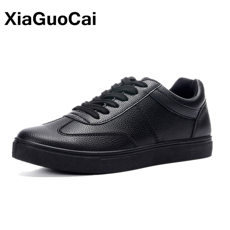 Solid White Men Casual Shoes Sneakers 2019 Spring Autumn Lightweight PU Leather Men's Flats Leisure Trend Black Dropshipping