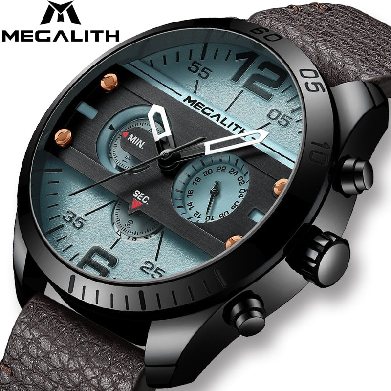 MEGALITH Fashion Sport Men's Watch Men Waterproof Multifunction Militray Leather Strap Quartz Men Watch Clock Relogio Masculino