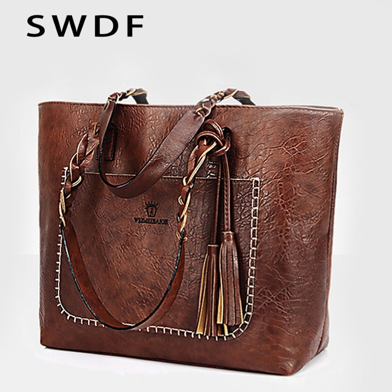 SWDF 2019 New Women Tassel Handbag Luxury Oil Bolsa Feminina Designer Knitting Shoulder Bag Leather Bags Ladies SAC A Main Bags