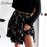 Sollinarry Floral Printed Chiffon Casual Skirts Women High Waist New Fashion Ruffle Girl Skirts 2019 Beach Black Feminine Skirts