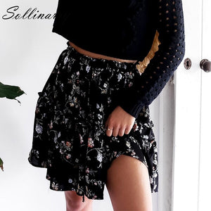 Sollinarry Floral Printed Chiffon Casual Skirts Women High Waist New Fashion Ruffle Girl Skirts 2019 Beach Black Feminine Skirts